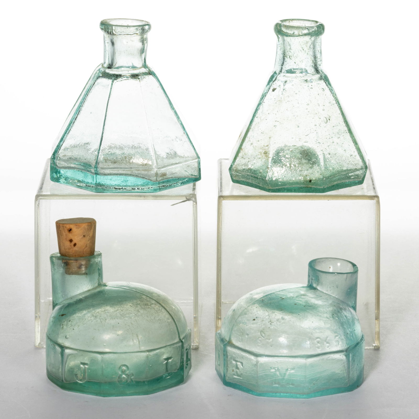 ASSORTED GLASS INK BOTTLES, LOT OF FOUR: ASSORTED GLASS INK BOTTLES, LOT OF FOUR, aquamarine, comprising two octagonal "umbrella" inks, one with blowpipe pontil scar and one smooth based, and a pair of "turtle"