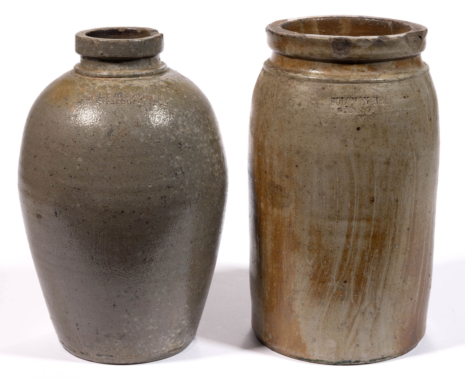 STAMPED "SOLOMON BELL / STRASBURG VA", SHENANDOAH VALLEY OF VIRGINIA STONEWARE JARS, LOT OF TWO (1 of 5)