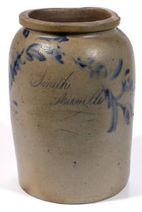 AIRVILLE PLANTATION, VIRGINIA DECORATED STONEWARE JAR: AIRVILLE PLANTATION, VIRGINIA DECORATED STONEWARE JAR, salt-glazed, approximately one-gallon capacity, Incised "Smith / Airville." in script below shoulder. Brushed cobalt horizontal floral garland de