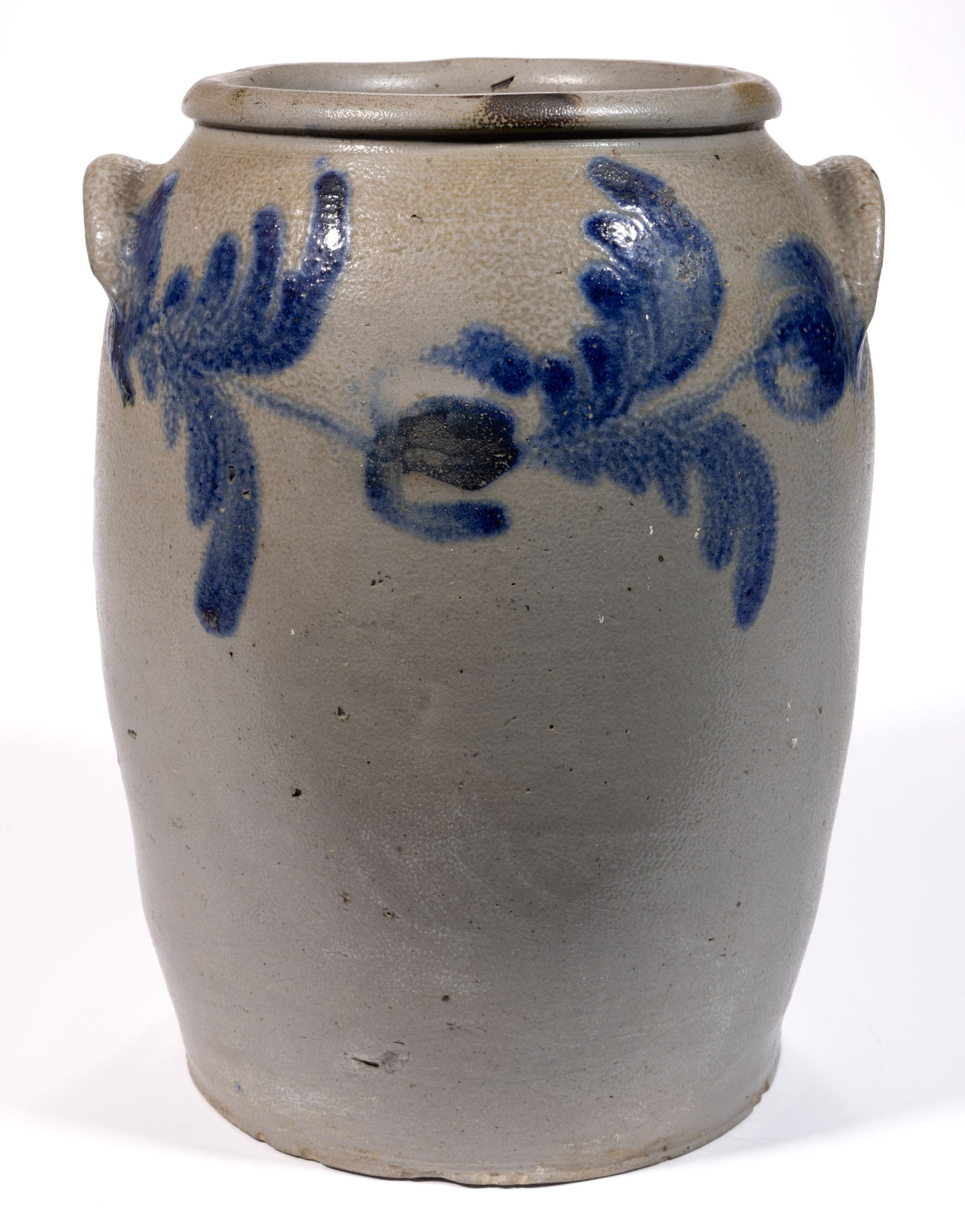 BALTIMORE, MARYLAND DECORATED STONEWARE JAR: BALTIMORE, MARYLAND DECORATED STONEWARE JAR, salt-glazed, "2" gallon capacity mark, semi-ovoid form with rounded rim and applied arched tab handles. Brushed cobalt horizontal flowe