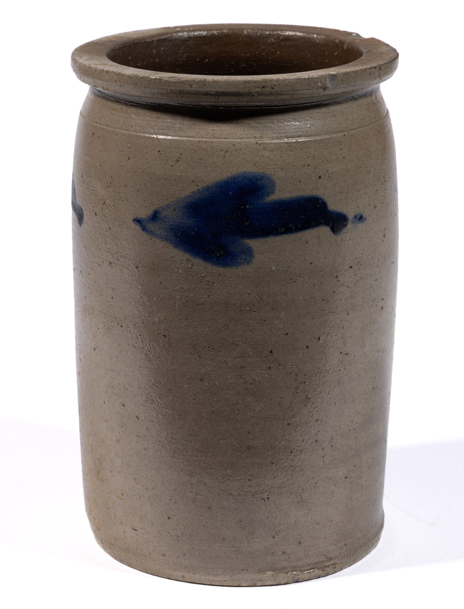 BALTIMORE, MARYLAND DECORATED STONEWARE JAR: BALTIMORE, MARYLAND DECORATED STONEWARE JAR, salt-glazed, approximately one-quart capacity, cylindrical form with flat-top rim and incised shoulder ring. Brushed cobalt horizontal triple leaf dec