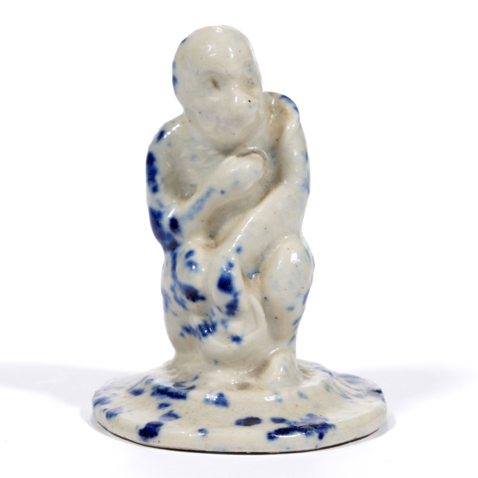 MIDWESTERN BLUE AND WHITE SPONGEWARE / STONEWARE MONKEY FIGURE (1 of 5)