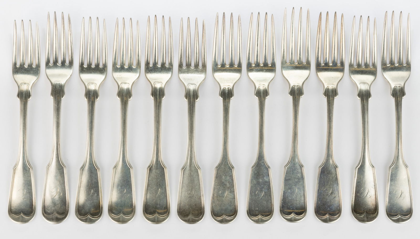 MITCHELL & TYLER, RICHMOND, VIRGINIA RETAILED COIN SILVER PLACE FORKS, ASSEMBLED SET OF 12 (1 of 1)