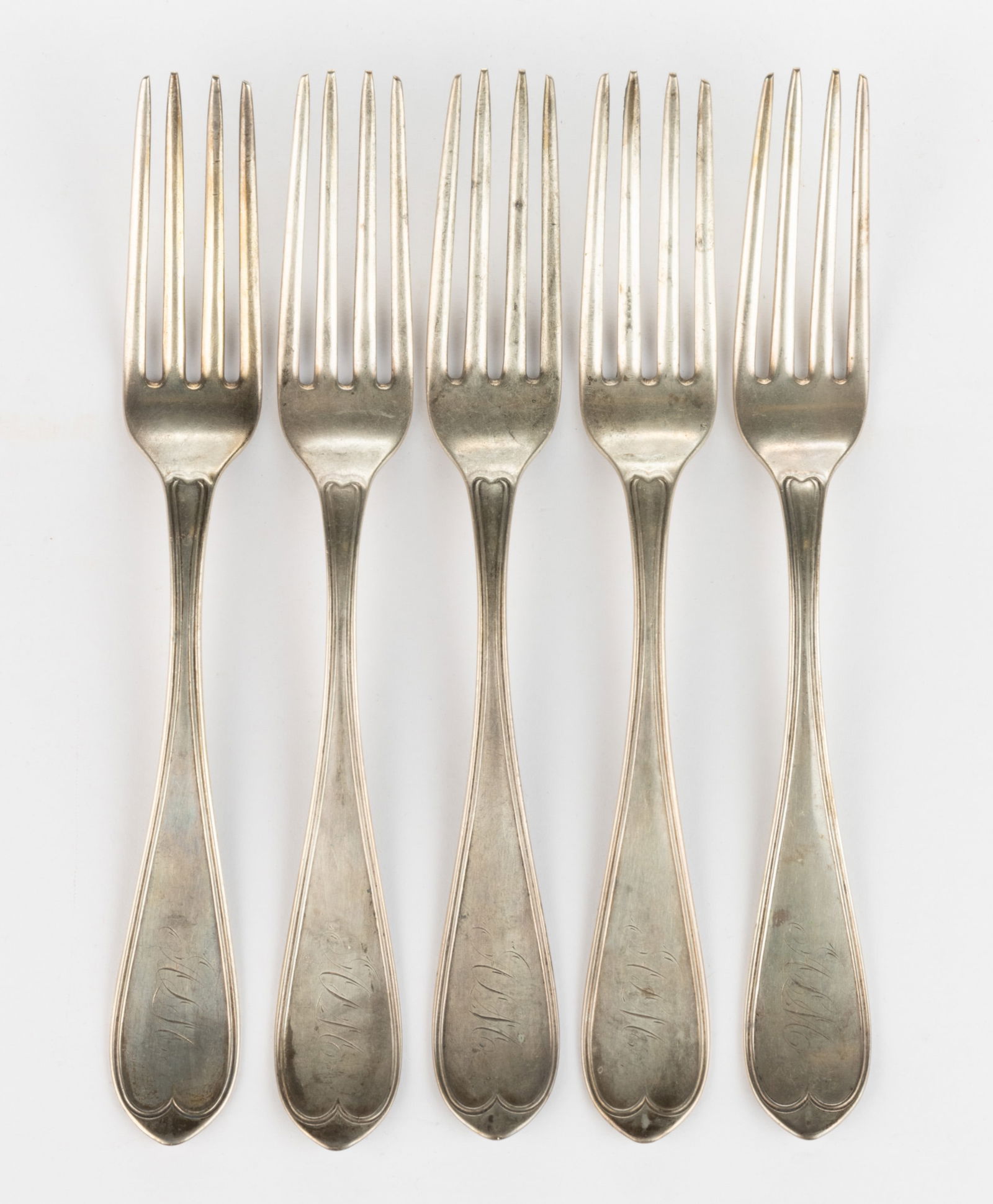 MISSOURI RETAILED "OVAL THREAD" COIN SILVER PLACE FORKS, ASSEMBLED SET OF FIVE (1 of 1)