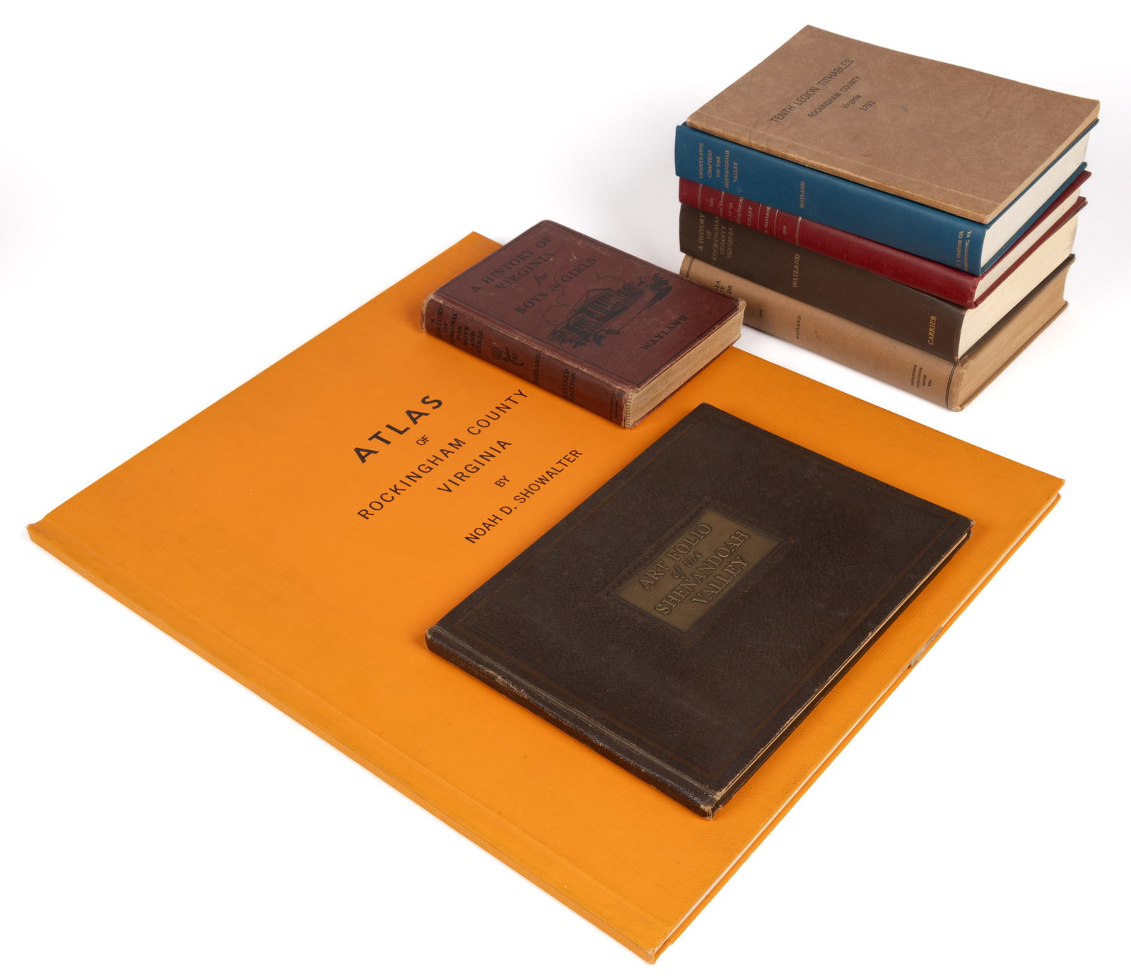 SHENANDOAH VALLEY OF VIRGINIA HISTORICAL VOLUMES, LOT OF EIGHT: SHENANDOAH VALLEY OF VIRGINIA HISTORICAL VOLUMES, LOT OF EIGHT, including Showalter, Atlas of Rockingham County, Virginia, 1939; Wayland. Virginia Valley Records, 1930, Art Fo