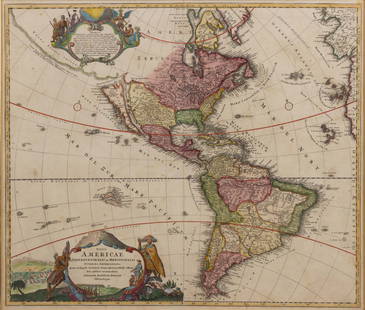JOHANN BAPTIST HOMANN (GERMAN, 1664-1724) MAP OF NORTH AND SOUTH AMERICA: JOHANN BAPTIST HOMANN (GERMAN, 1664-1724) MAP OF NORTH AND SOUTH AMERICA, hand-colored copper-plate engraving on laid paper, title in cartouche to lower left corner "TOTIUS / AMERICAE / SEPT