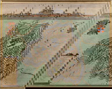 JOAN BLAEU (DUTCH, 1596-1673) MAP OF THE PLAN OF YPRES, BELGIUM: JOAN BLAEU (DUTCH, 1596-1673) MAP OF THE PLAN OF YPRES, BELGIUM, copper-plate engraving with strong coloring, titled "YPRA," being a bird's-eye view plan and panoramic view of Ypres