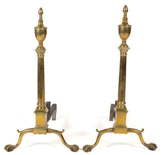 AMERICAN FEDERAL BRASS COLUMNAR PAIR OF ANDIRONS: AMERICAN FEDERAL BRASS COLUMNAR PAIR OF ANDIRONS, each with an urn-form top above a tapered columnar shaft with square plinth, raised on spurred cabriole legs terminating in ball-and-claw feet, wrough