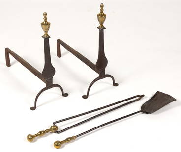 AMERICAN FEDERAL WROUGHT-IRON AND BRASS PAIR OF ANDIRONS AND FIREPLACE TOOLS: AMERICAN FEDERAL WROUGHT-IRON AND BRASS PAIR OF ANDIRONS AND FIREPLACE TOOLS, comprising a pair of brass and wrought-iron andirons, each with a shaped knife-blade shaft and brass urn-form fi