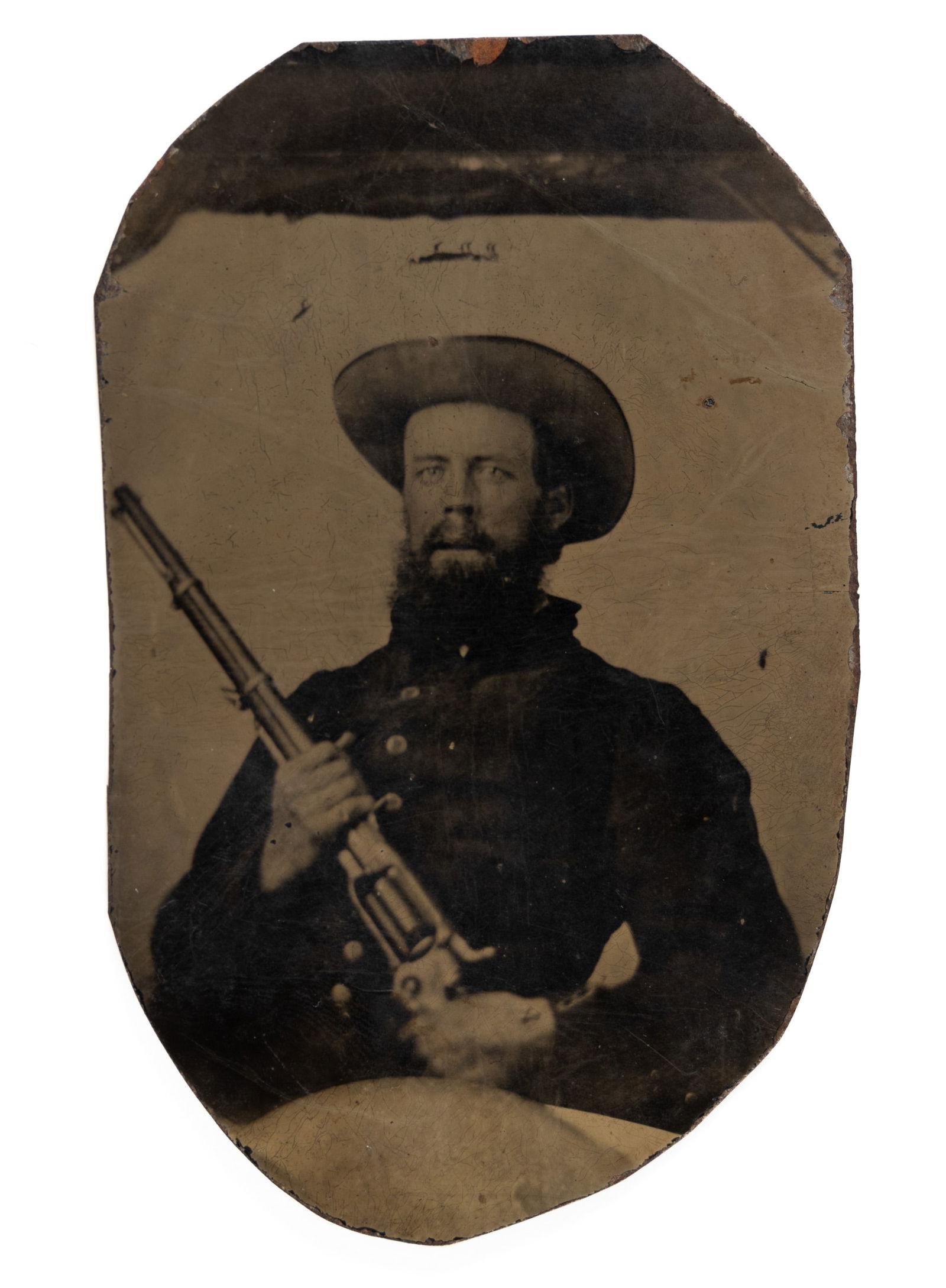 IDENTIFIED CONFEDERATE MECKLENBURG CO., NORTH CAROLINA SOLDER SIXTH-PLATE TINTYPE PHOTOGRAPH: IDENTIFIED CONFEDERATE MECKLENBURG CO., NORTH CAROLINA SOLDER SIXTH-PLATE TINTYPE PHOTOGRAPH, a torso-length depiction identified as Corporal John Alexander Gibbs (1830-1862), in his wool jacket proud