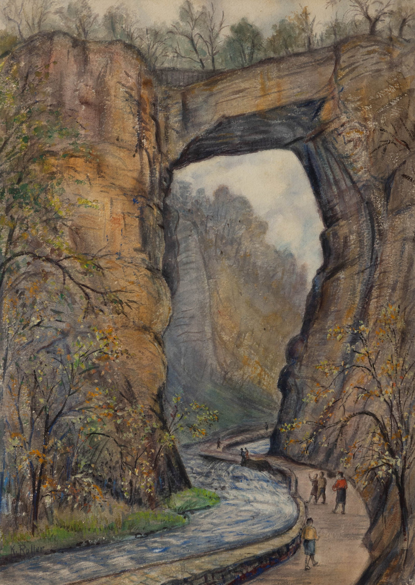 SAMUEL KAGEY ROLLER (VIRGINIA, 1883-1979) NATURAL BRIDGE PAINTING: SAMUEL KAGEY ROLLER (VIRGINIA, 1883-1979) NATURAL BRIDGE PAINTING, watercolor on paper, a summer depiction with flowering trees and visitors strolling along the path beneath the bridge, signed "K