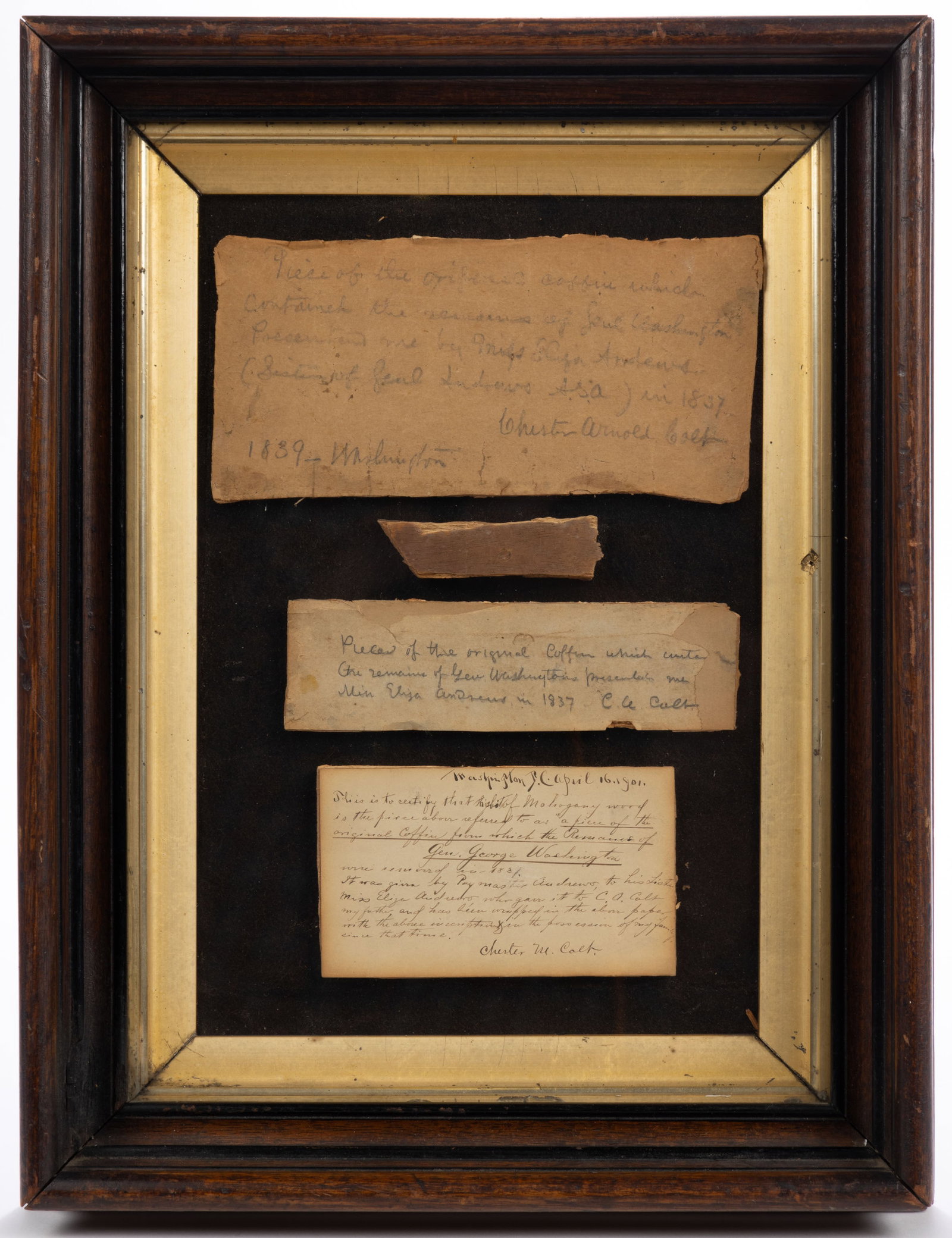 GEORGE WASHINGTON RELIC, A FRAGMENT FROM HIS MAHOGANY COFFIN WITH PROVENANCE: GEORGE WASHINGTON RELIC, A FRAGMENT FROM HIS MAHOGANY COFFIN WITH PROVENANCE, framed together with three manuscript notes recording the provenance laid out below. Together with associated typed letter