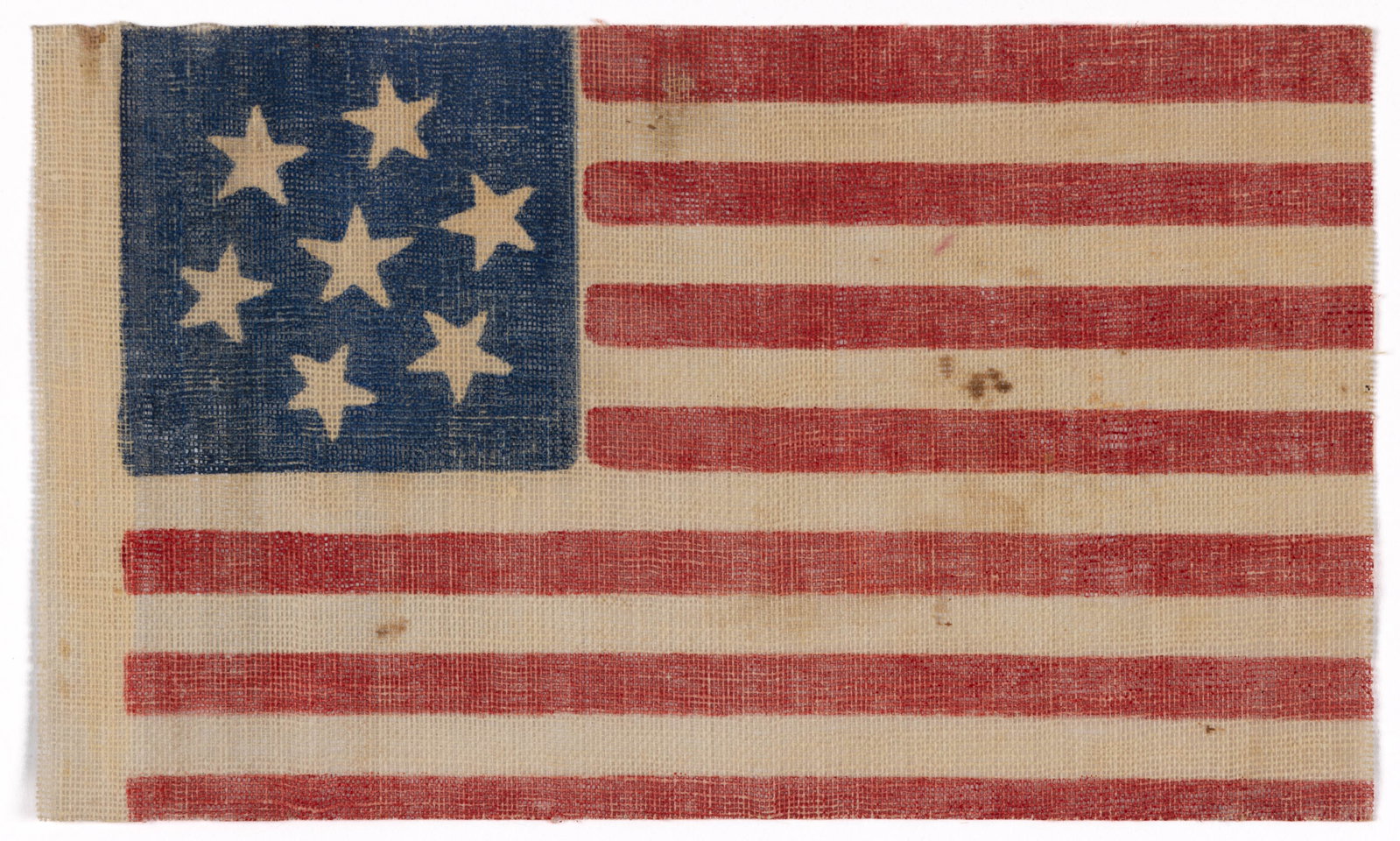 RARE SOUTHERN 7-STAR PROTO-CONFEDERATE "INCLUSIONARY" PRINTED PARADE FLAG: RARE SOUTHERN 7-STAR PROTO-CONFEDERATE "INCLUSIONARY" PRINTED PARADE FLAG, glazed muslin, the blue canton featuring seven five-pointed stars arranged in a wreath pattern, 13 red-and-whi