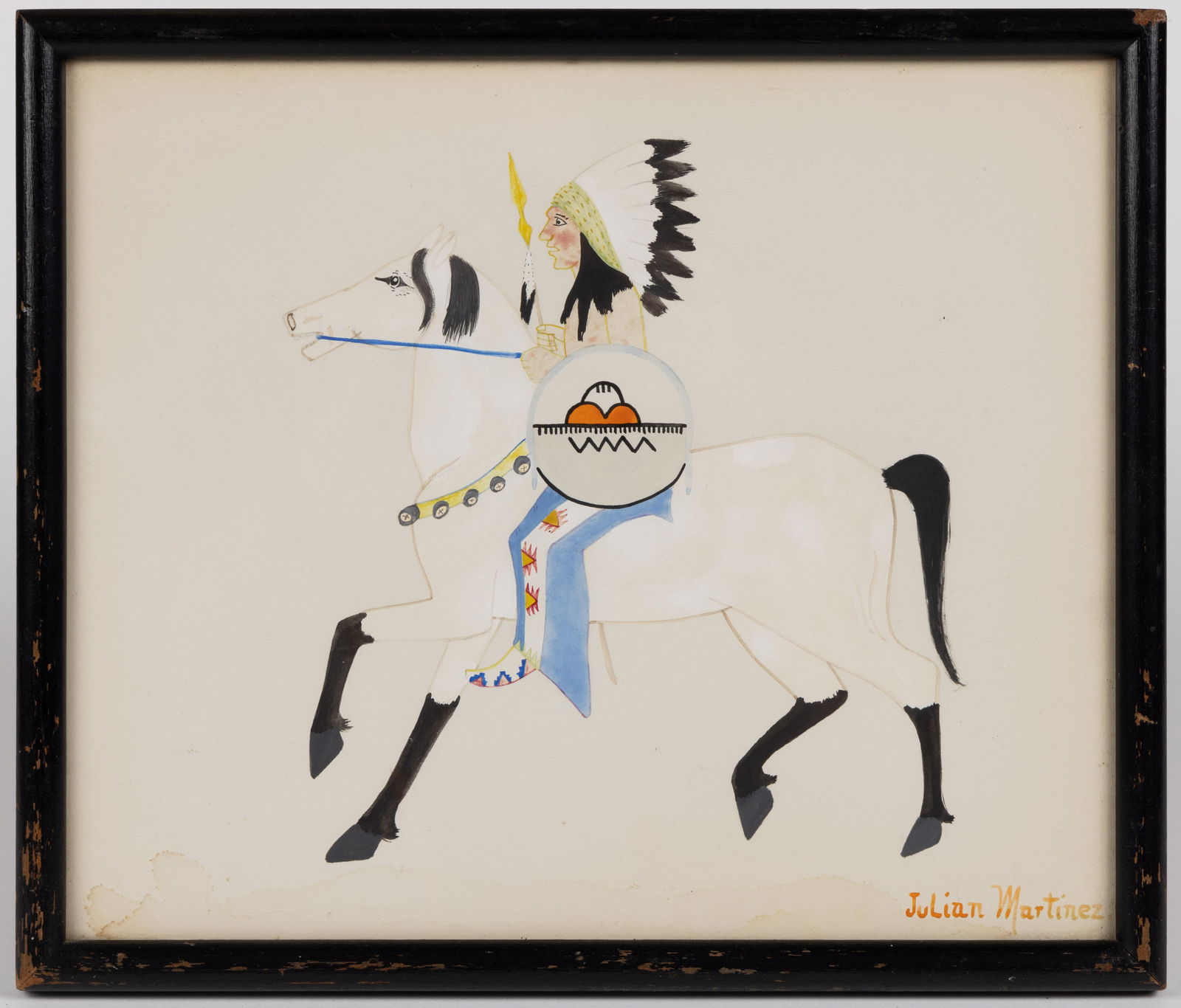 JULIAN MARTINEZ (SAN ILDEFONSO PUEBLO, 1879-1943) PAINTING: JULIAN MARTINEZ (SAN ILDEFONSO PUEBLO, 1879-1943) PAINTING, gouache on paper, depicting a chief with shield and spear on horseback, signed "Julian Martinez" lower right. Housed under glass i