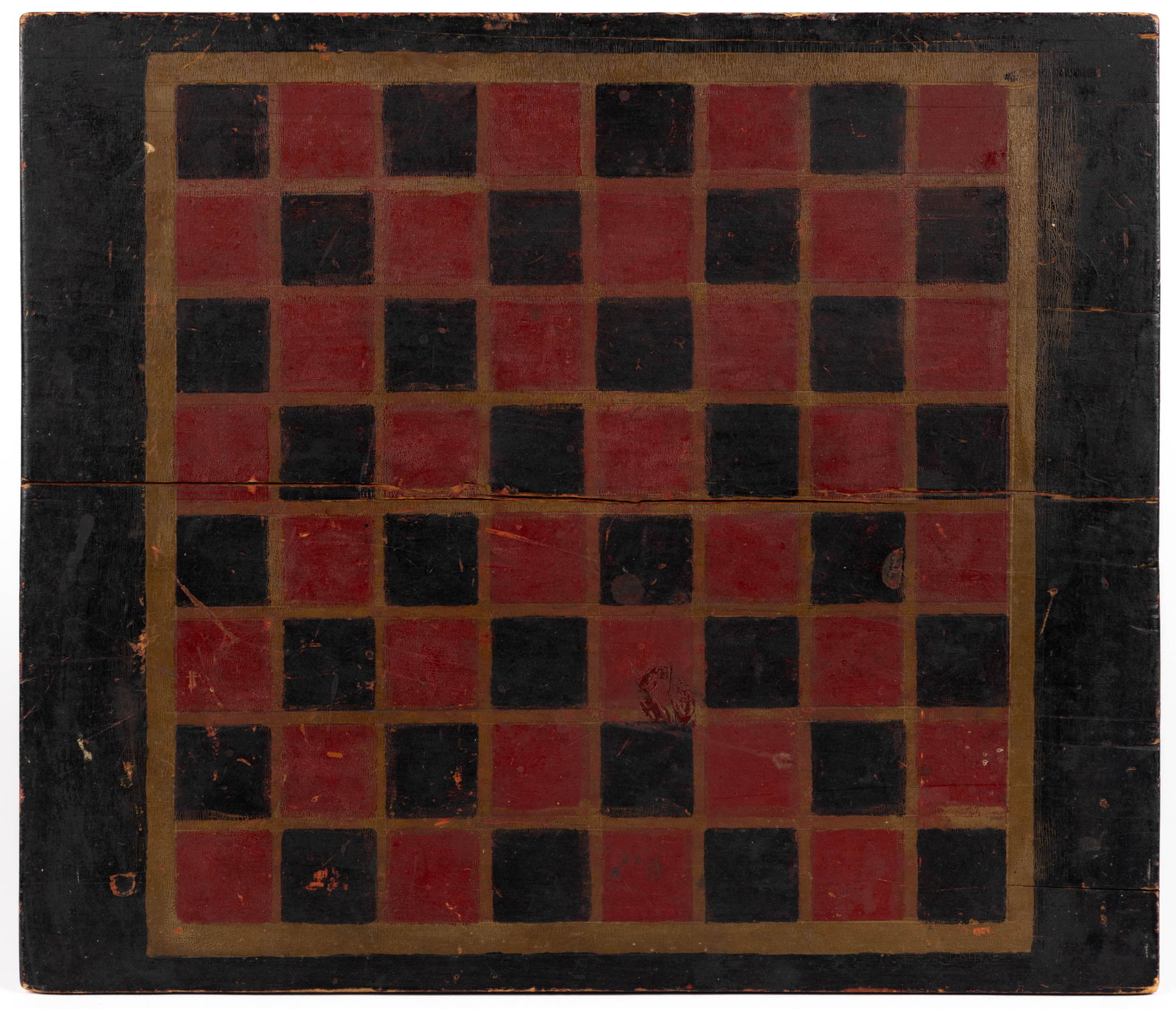 ALEXANDRIA, VIRGINIA FOLK ART PAINTED GAMEBOARD: ALEXANDRIA, VIRGINIA FOLK ART PAINTED GAMEBOARD, single-sided, slightly rectangular form constructed from two tongue-and-groove shipping crate boards held together by three battens on the reverse