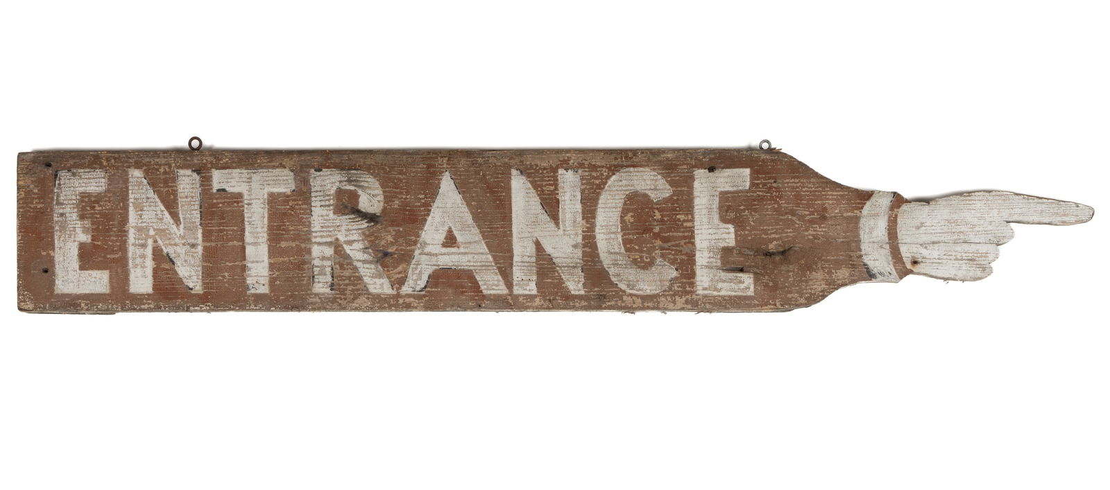 AMERICAN FOLK ART CUT-OUT AND PAINTED PINE SIGN: AMERICAN FOLK ART CUT-OUT AND PAINTED PINE SIGN, single-sided plank construction with applied battens to the back, pointed finger at one end. Retains its original dry red- and white-painted surface le