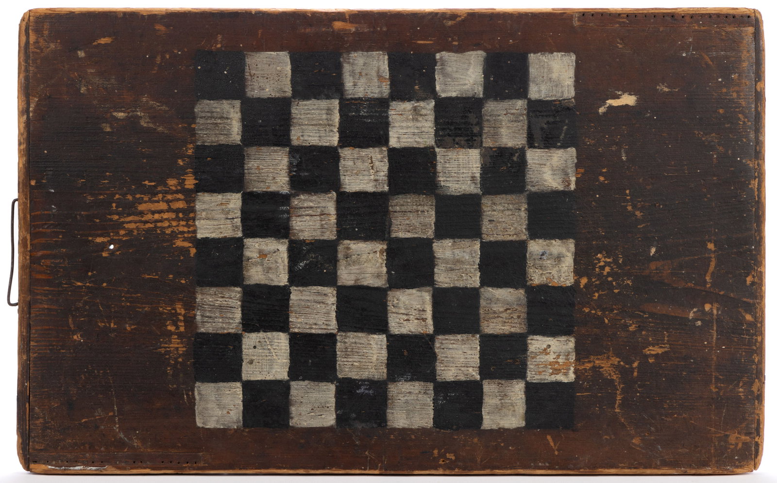 AMERICAN FOLK ART PAINTED PINE GAMEBOARD: AMERICAN FOLK ART PAINTED PINE GAMEBOARD, rectangular single-sided plank form with narrow breadboard ends, the front retaining its original black- and white-painted checkerboard, one side of each