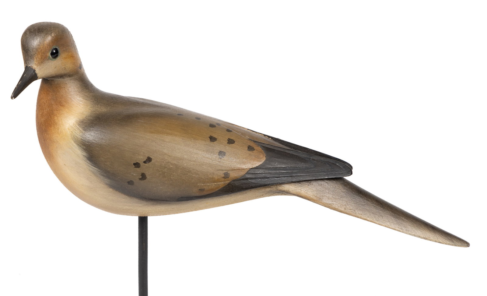 WILLIAM GIBIAN (ONANCOCK, VIRGINIA) CARVED AND PAINTED DOVE: WILLIAM GIBIAN (ONANCOCK, VIRGINIA) CARVED AND PAINTED DOVE, fine form and surface, figure with glass eyes and articulated tail feathers, signed to underside of base, displayed on a custom iron stand.