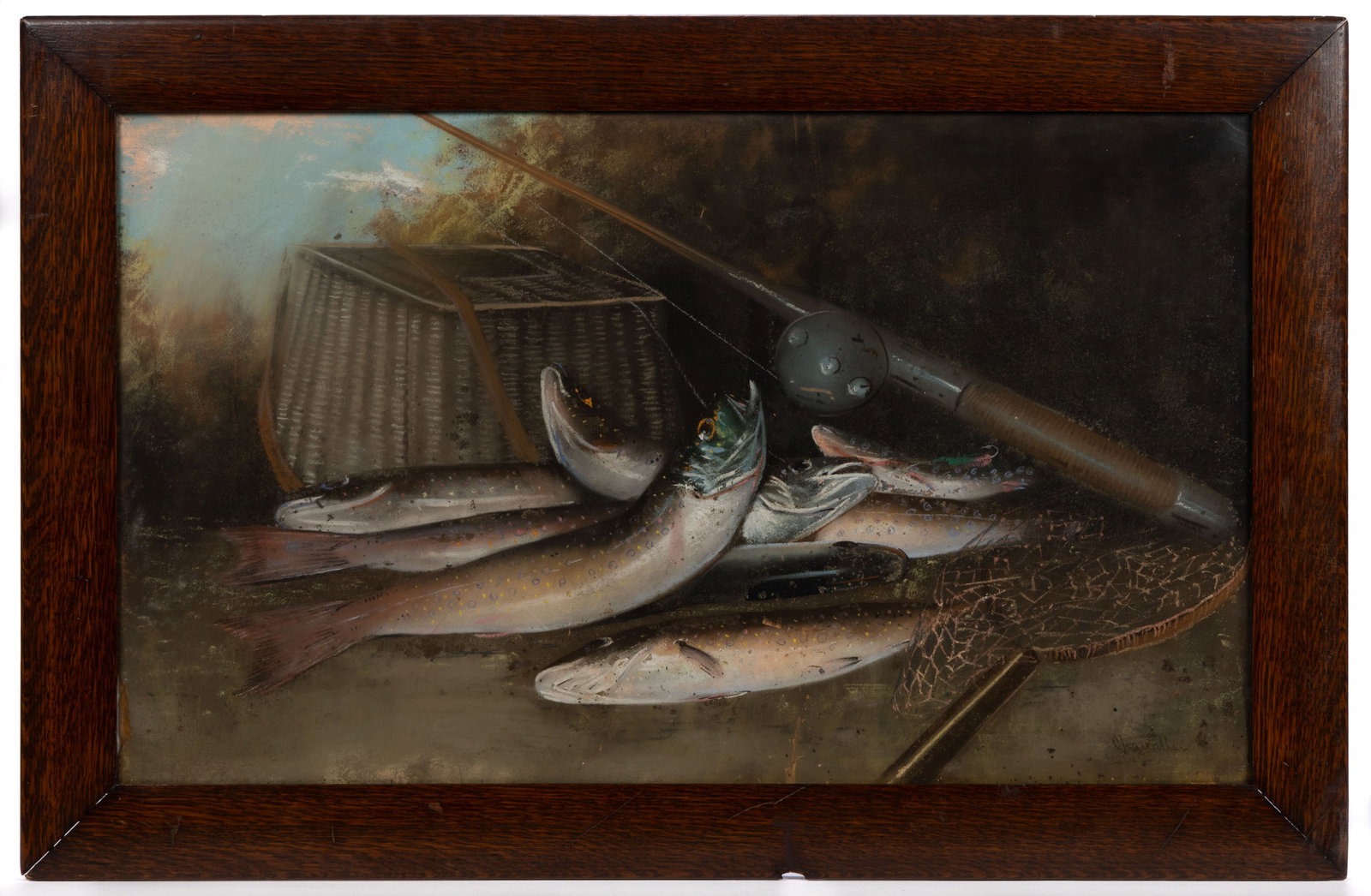 WILLIAM HENRY CHANDLER (AMERICAN, 1854-1928) SPORTING PAINTING: WILLIAM HENRY CHANDLER (AMERICAN, 1854-1928) SPORTING PAINTING, pastel on board, depicting a catch of trout with a fly rod, creel, and net, signed "Chandler" lower right. Housed under glass in its ori