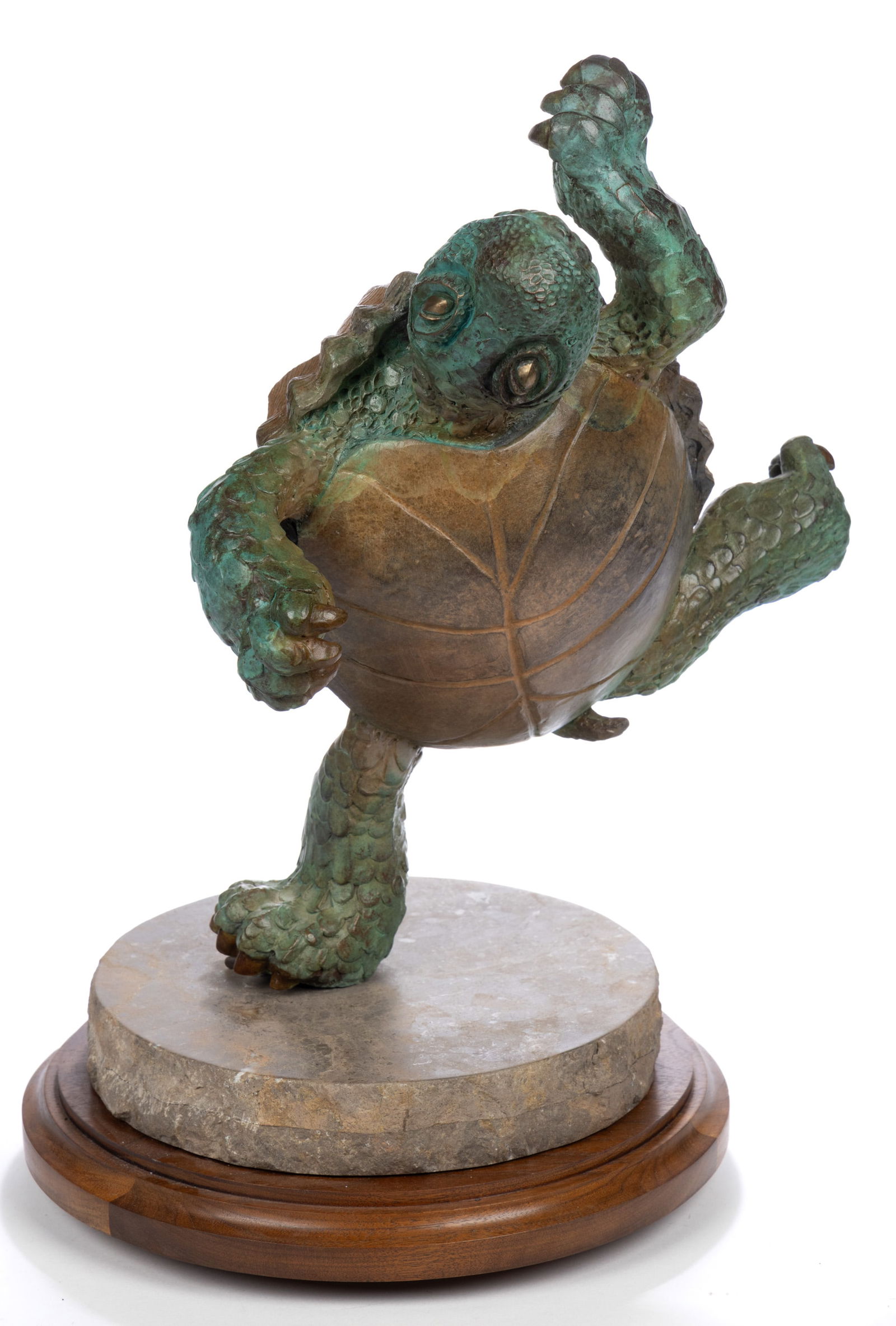 POKEY PARK (ARIZONA) WHIMSICAL BRONZE TURTLE SCULPTURE: POKEY PARK (ARIZONA) WHIMSICAL BRONZE TURTLE SCULPTURE, signed and dated, set on a stone and turned wood rotating base. Dated 2010. 18 1/2" HOA. Provenance: From the collection of Jim and J