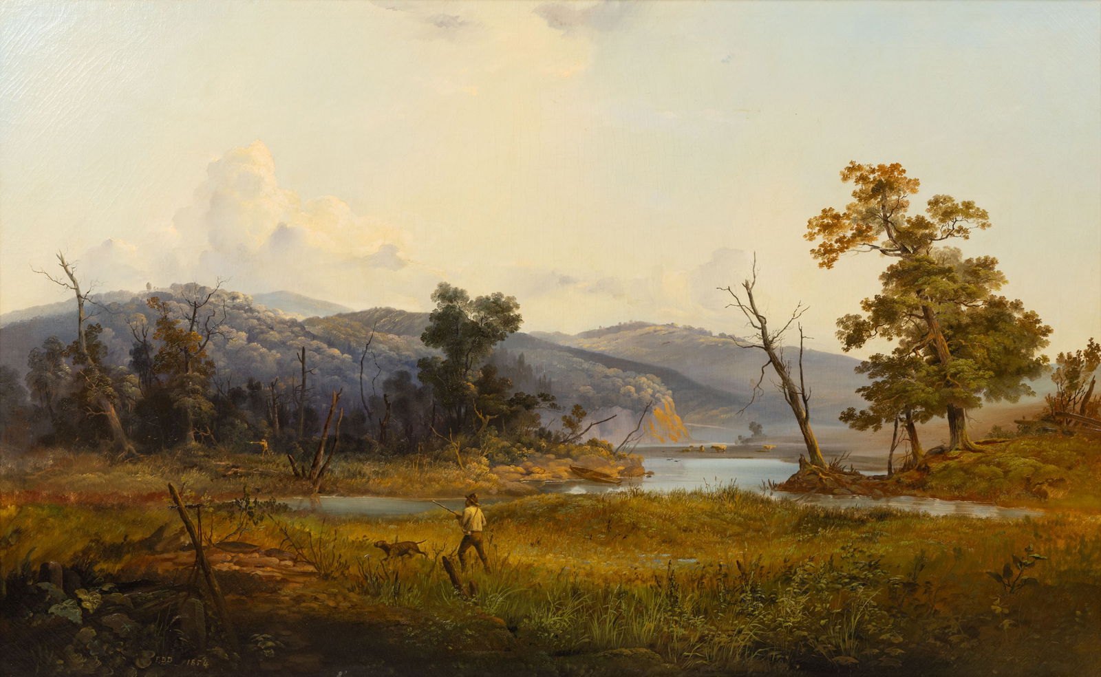 FRANCIS DANIEL DEVLAN (AMERICAN, 1835-1870) BUCKS CO., PENNSYLVANIA LANDSCAPE WITH HUNTERS AND DOG: FRANCIS DANIEL DEVLAN (AMERICAN, 1835-1870) BUCKS CO., PENNSYLVANIA LANDSCAPE WITH HUNTERS AND DOG, oil on canvas, of impressive size, a dramatic view of two figures flushing wildfowl in a lush l