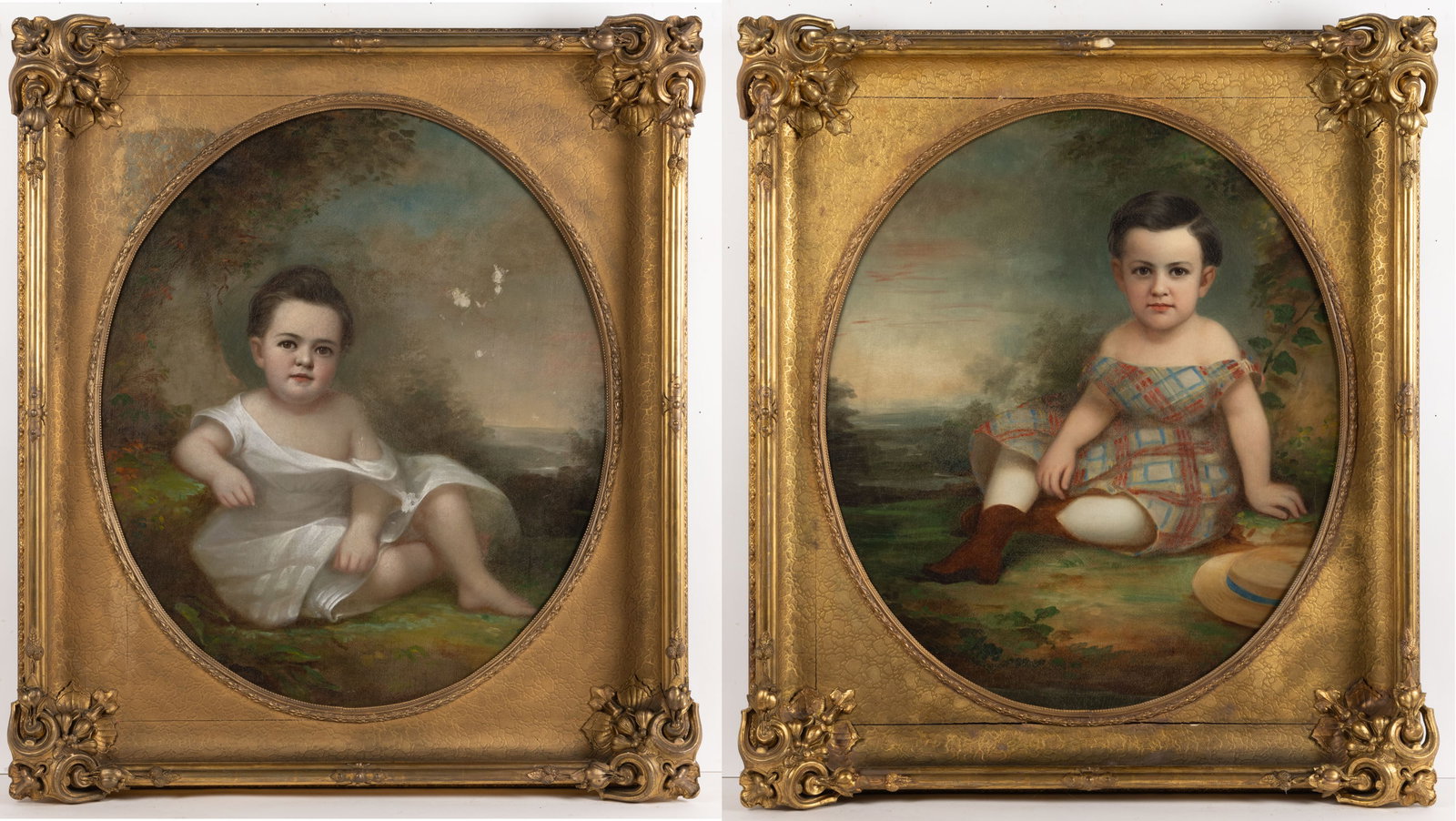 WASHINGTON BOGART COOPER (TENNESSEE, 1801-1889) ATTRIBUTED PAIR OF PORTRAITS: WASHINGTON BOGART COOPER (TENNESSEE, 1801-1889) ATTRIBUTED PAIR OF PORTRAITS, oil on canvas, each depicting a child seated in an outdoor setting, one wearing a colorful plaid dress with a straw hat by