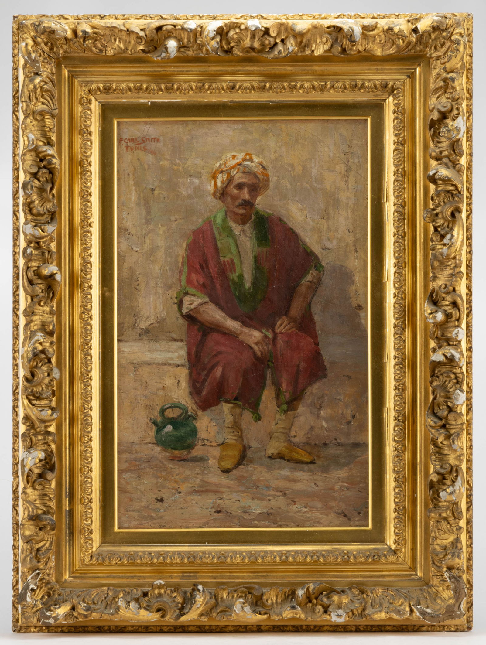 FREDERICK CARL SMITH (AMERICAN, 1867-1955) IMPRESSIONISTIC PORTRAIT OF A MAN: FREDERICK CARL SMITH (AMERICAN, 1867-1955) IMPRESSIONISTIC PORTRAIT OF A MAN, oil on canvas, depicting a mustached man, wearing a head covering and a green and red jacket, sitting down next to a green