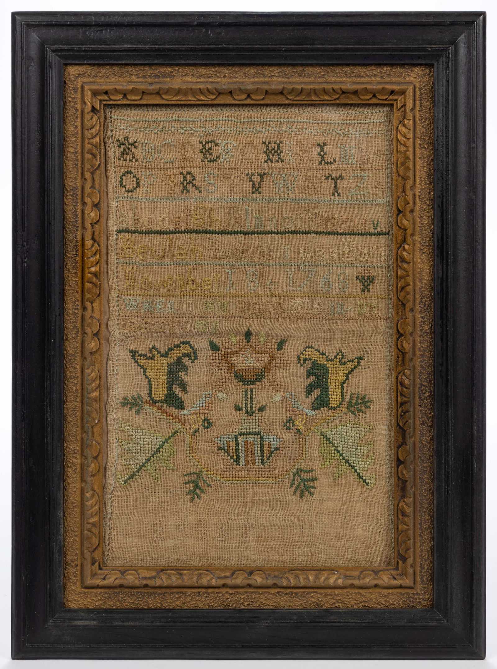 DEDHAM, MASSACHUSETTS NEEDLEWORK SAMPLER: DEDHAM, MASSACHUSETTS NEEDLEWORK SAMPLER, silk on linen, three alphabet rows above signature, "Beulah Lewis I was Born / November 18. 1768", below with an unfinished verse that rea