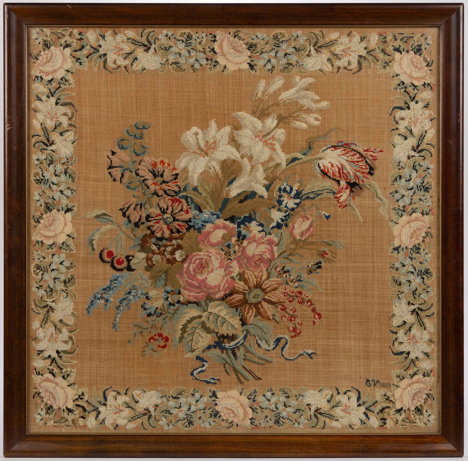 AMERICAN, POSSIBLY PENNSYLVANIA, NEEDLEWORK PICTURE: AMERICAN, POSSIBLY PENNSYLVANIA, NEEDLEWORK PICTURE, wool on linen, center depicting a bouquet of various flowers including roses, a tulip, and lilies, accented by cherries, featuring stems wrapped wi