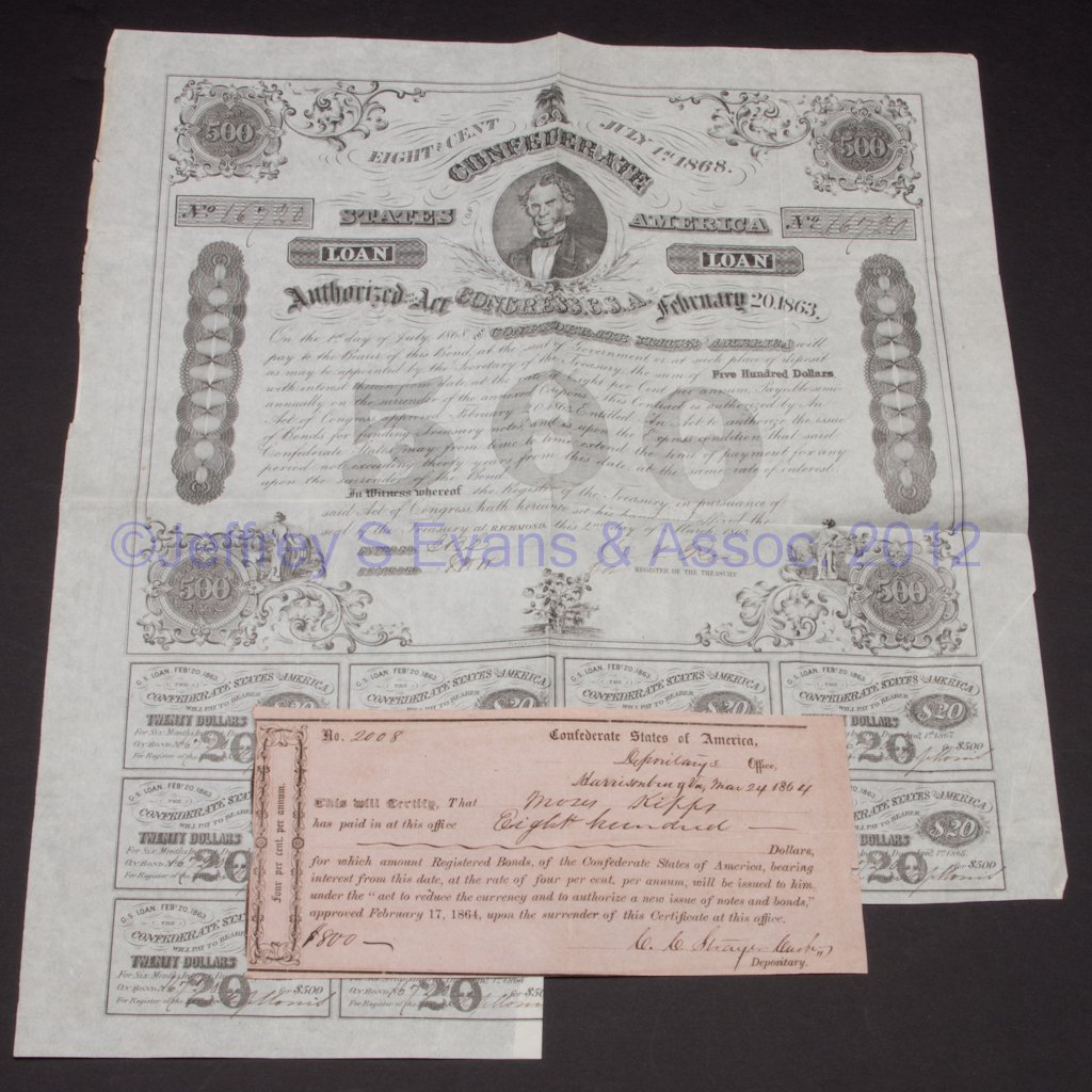 CONFEDERATE STATES OF AMERICA DEPOSITARY RECEIPT: CONFEDERATE STATES OF AMERICA DEPOSITARY RECEIPT, for $800, issued to Moses Kipps at Harrisonburg, Va., March 24, 1864. Along with an unrelated CSA $500 bond dated March 2, 1863. Provenance: From a lo