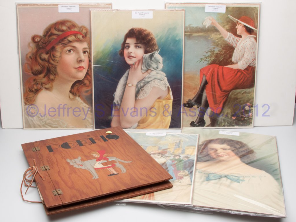 ASSORTED EPHEMERAL MATERIALS, LOT OF SIX: ASSORTED EPHEMERAL MATERIALS, LOT OF SIX, comprising a home-made and illustrated book of children's poetry by Jenny Lind Hottle of Toms Brook, VA, 1947, and five color lithograph prints of women and a
