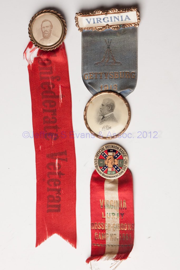 CONFEDERATE CIVIL WAR REUNION RIBBONS, LOT OF THRE: CONFEDERATE CIVIL WAR REUNION RIBBONS, LOT OF THREE, comprising a 1913 Virginia at Gettysburg with Robert E. Lee button; an undated Confederate Veteran with Stonewall Jackson button; and a 1917 Luray,