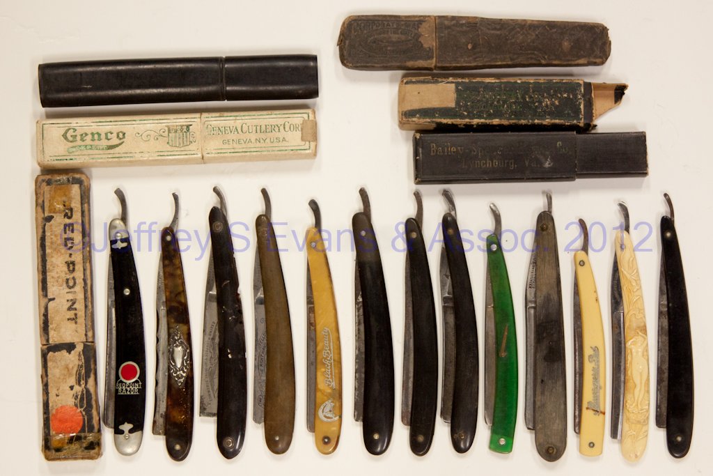 ASSORTED STRAIGHT RAZORS, LOT OF 13: ASSORTED STRAIGHT RAZORS, LOT OF 13, including Red-Point with box, Wadsworth with nude on handle, Black Beauty, Union "Spike", etc. Along with five unrelated boxes. Late 19th/early 20th century. Prove