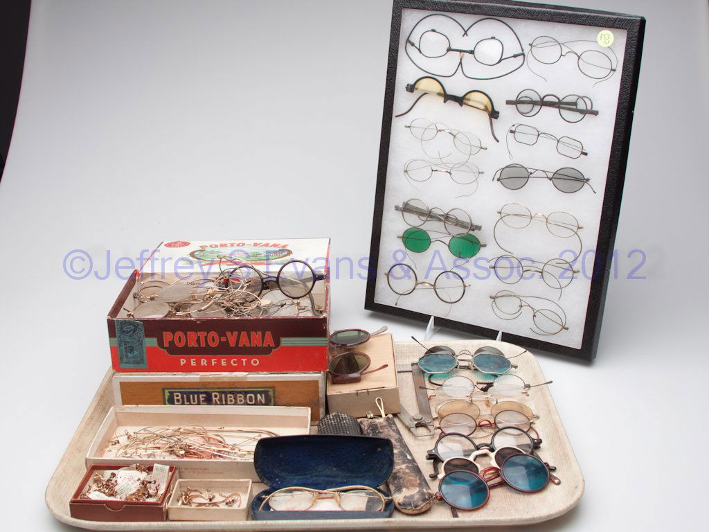ASSORTED LOT OF EYE GLASSES: ASSORTED LOT OF EYE GLASSES, including some with colored lenses and some new old parts. 19th and 20th century. Provenance: From a Harrisonburg, VA estate collection.