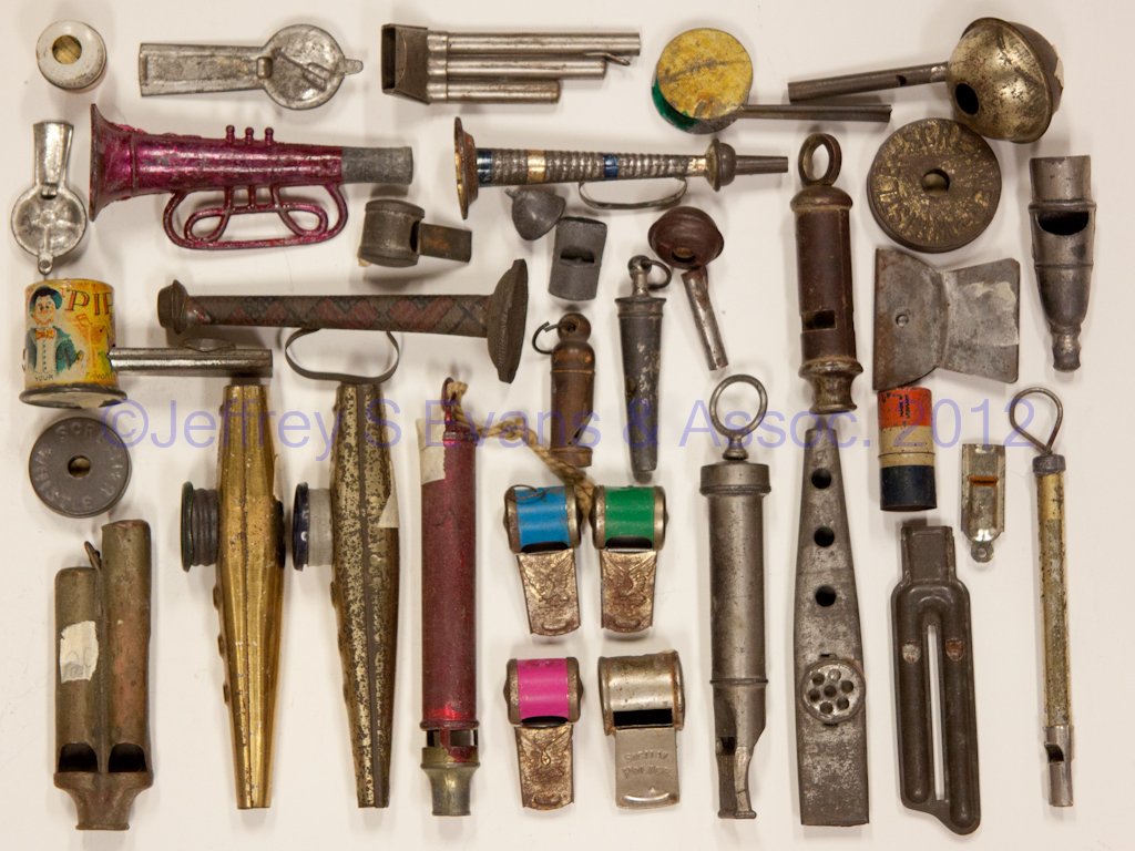 ASSORTED WHISTLES AND KAZOOS, LOT OF 33: ASSORTED WHISTLES AND KAZOOS, LOT OF 33, tin and other materials. First half 20th century. Provenance: Collection of Leah and the late Bill Pollard, Purcellville, VA.