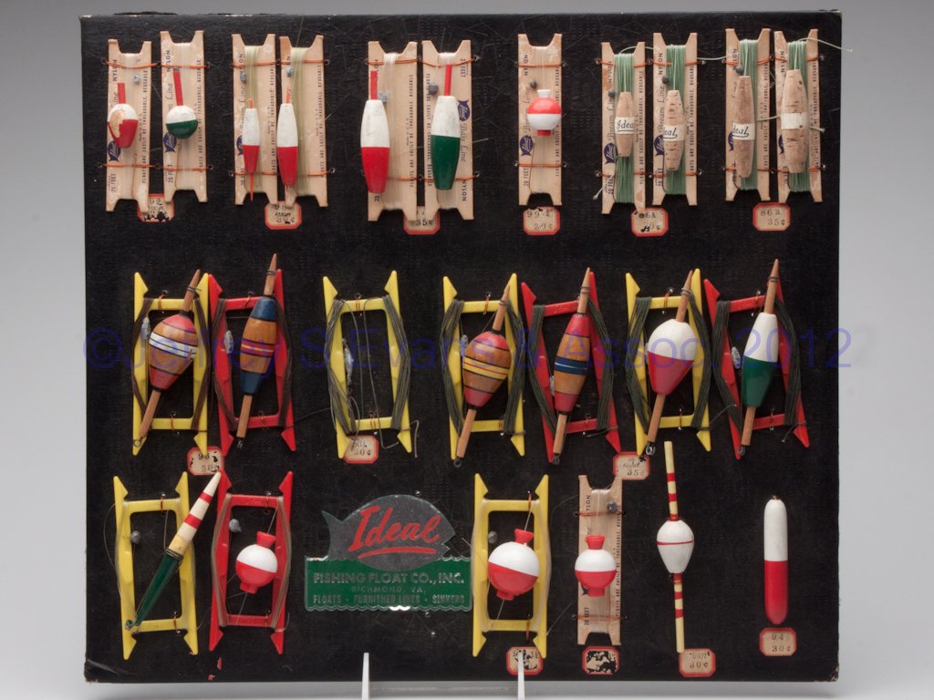 FISHING FLOAT STORE DISPLAY: FISHING FLOAT STORE DISPLAY, Ideal Fishing Float Co., Richmond, VA, wood and plastic. Mid 20th century. 16" x 18". Provenance: Collection of Leah and the late Bill Pollard, Purcellville, VA.