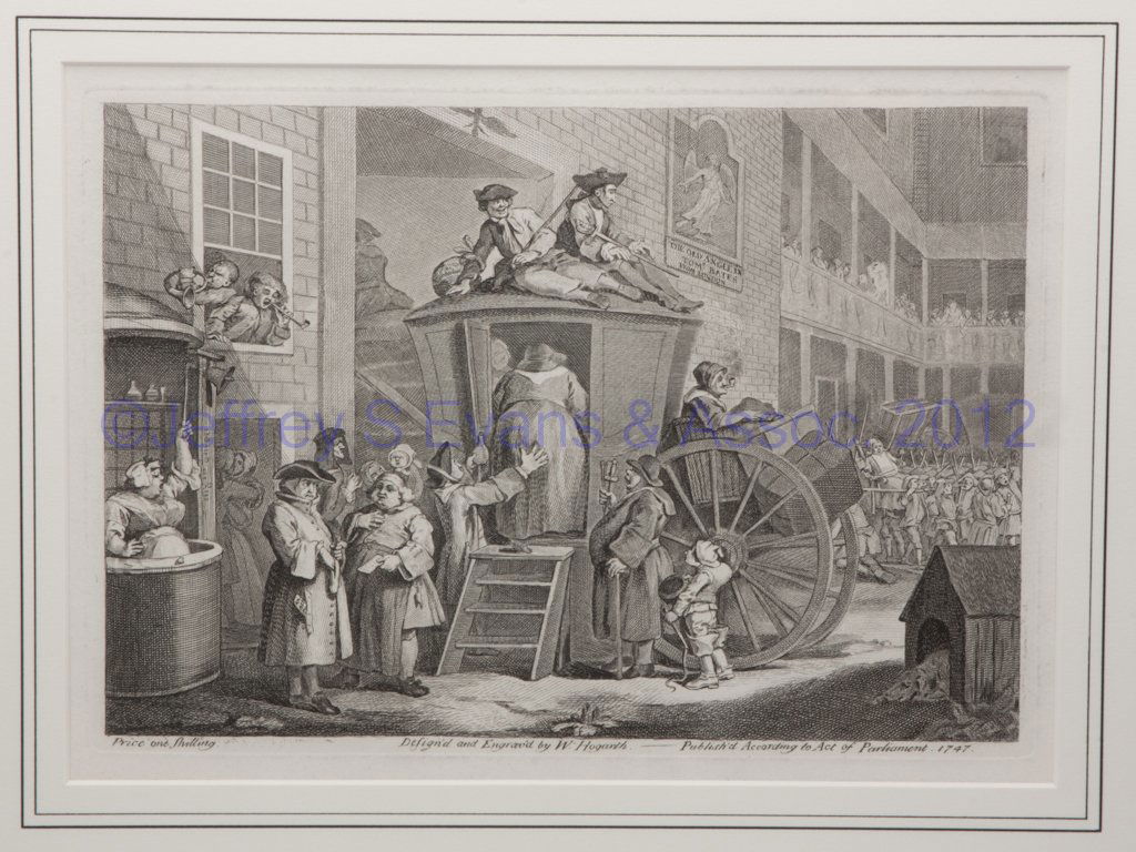 WILLIAM HOGARTH (BRITISH, 1697-1764) COPPER ENGRAV: WILLIAM HOGARTH (BRITISH, 1697-1764) COPPER ENGRAVING, "A Country Inn Yard at Election Time: The Stage Coach", third state. Well framed. Circa 1747. 9" x 12 1/4" sight. Provenance: From a private Flor