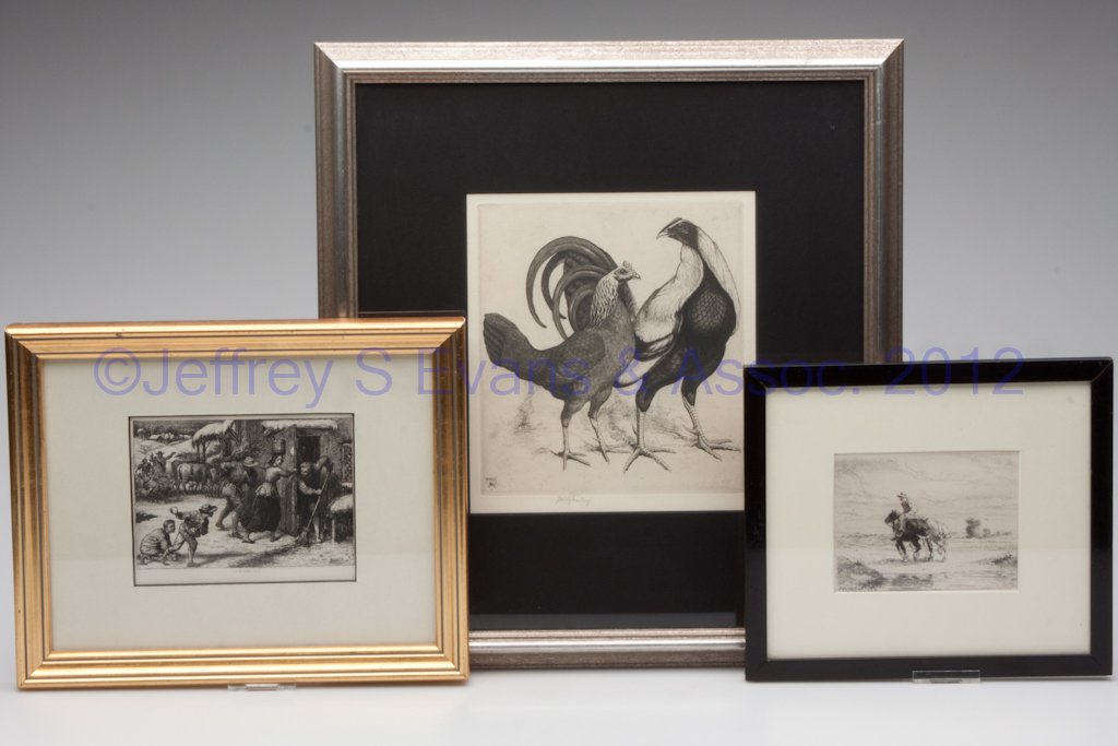 ASSORTED EUROPEAN ETCHINGS, LOT OF THREE: ASSORTED EUROPEAN ETCHINGS, LOT OF THREE, comprising Charles West Cope (British, 1811-1890), "Winter Song", 1868, printed signature; Jules Jacques Veyrassat (French, 1828-1893), "Boat Horses", 1869, e