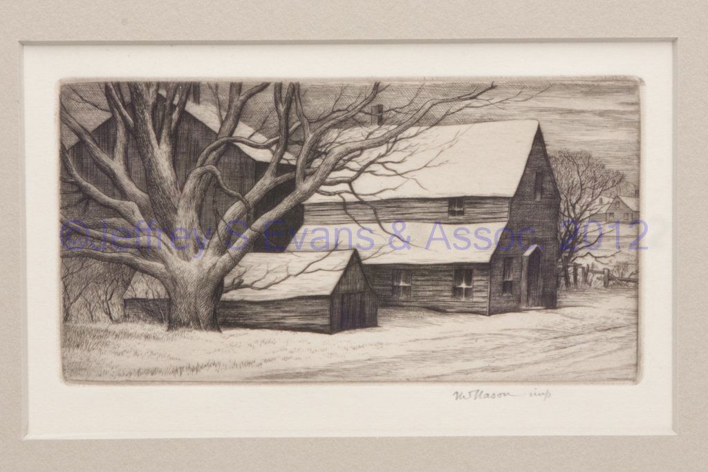 THOMAS W. NASON (AMERICAN, 1889-1971) ETCHING: THOMAS W. NASON (AMERICAN, 1889-1971) ETCHING, "Early Snow", signed in pencil. Conservation framed. 1935. 3 1/4" x 5 1/4" sight. Provenance: From a private Florida collector.