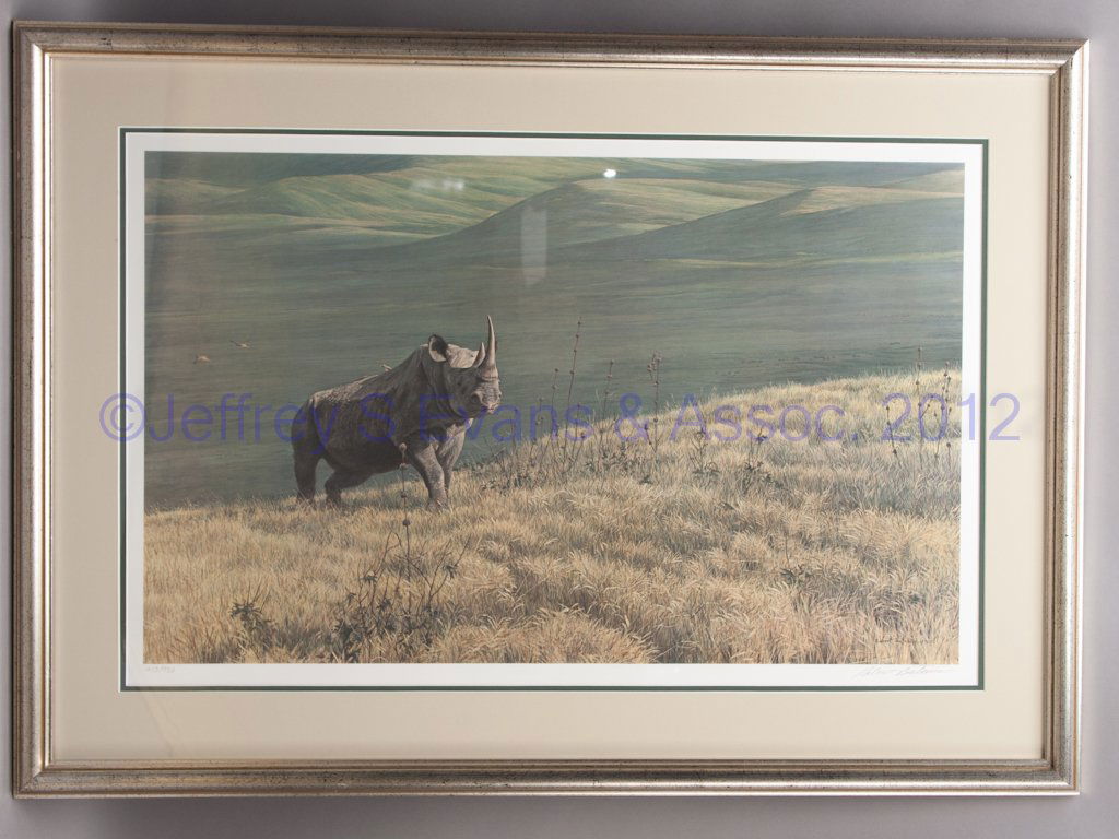ROBERT BATEMAN LIMITED EDITION PRINT: ROBERT BATEMAN LIMITED EDITION PRINT, depicting a rhinoceros, #213/950, signed in pencil, framed with double mat. Copyright 1972. 30" x 42" OA.