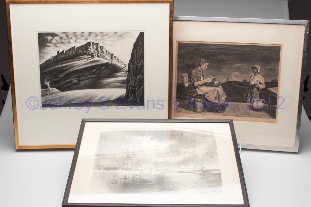 ASSORTED ASSOCIATED AMERICAN ARTISTS LITHOGRAPHS, : ASSORTED ASSOCIATED AMERICAN ARTISTS LITHOGRAPHS, LOT OF THREE, comprising Joe Jones, Philip Cheney and illegible, each signed in pencil. Framed and matted. 20th century. Jones 11 1/2" x 14 1/2" sight