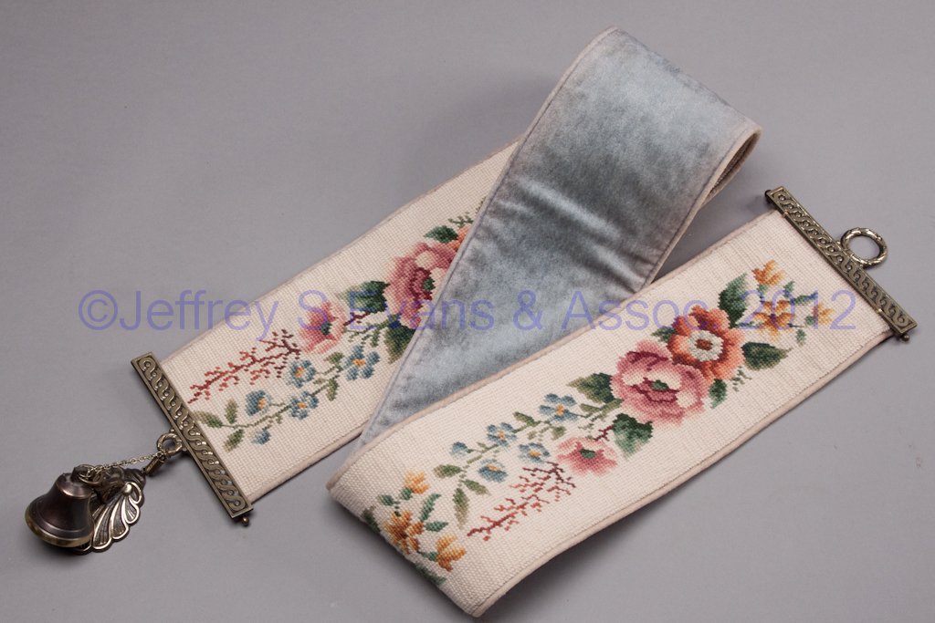 NEEDLEPOINT AND BRASS BELL PULL: NEEDLEPOINT AND BRASS BELL PULL, floral design. Mid 20th century. 70" L. Provenance: Property of a Page Co., Virginia family.