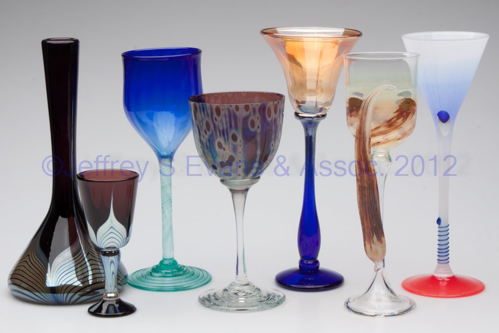 STUDIO ART GLASS ARTICLES, LOT OF SEVEN: STUDIO ART GLASS ARTICLES, LOT OF SEVEN, comprising a signed Correia vase and wine glass, and five assorted goblets signed by Rick Strini, Gilmore Glass Works, Alex Brand, M. Cermak, and unidentified.