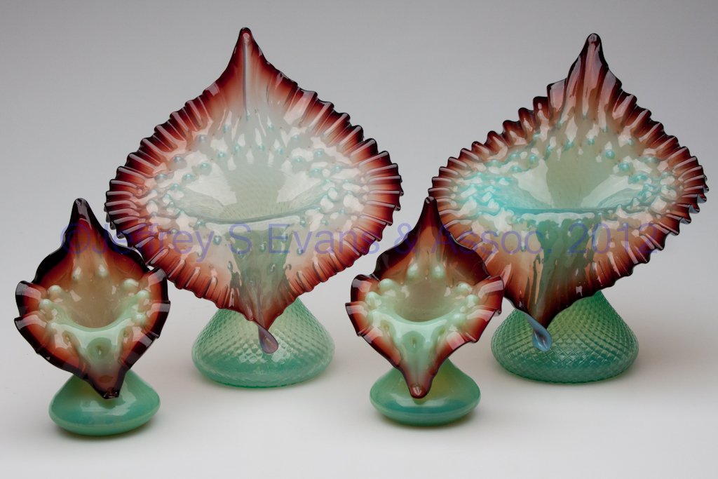VICTORIAN JACK-IN-THE-PULPIT VASES, TWO PAIR: VICTORIAN JACK-IN-THE-PULPIT VASES, TWO PAIR, translucent vaseline opalescent with ruby rims, large pair with a tiny diamond-optic pattern, each with rough pontil mark. All florescent brightly under b