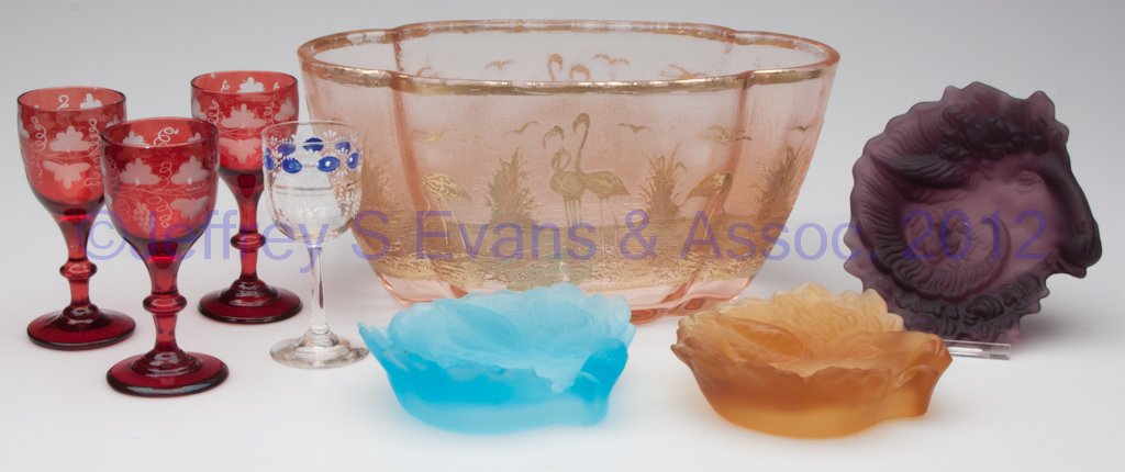 ASSORTED GLASS ARTICLES, LOT OF EIGHT: ASSORTED GLASS ARTICLES, LOT OF EIGHT, including a pink bowl with acid-cut and gilded flamingos in marsh, and three pressed satin ram's head trays. 19th and 20th centuries. Bowl 5" H, 5" x 10 1/2". Pr