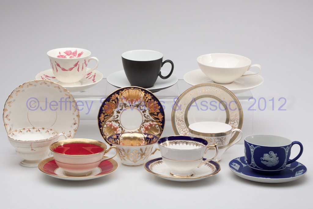 VARIOUS CERAMIC CUPS AND SAUCERS, NINE SETS: VARIOUS CERAMIC CUPS AND SAUCERS, NINE SETS, various colors, some with gilt decoration, including Wedgwood and Minton. Europe and United States. 19th and 20th centuries. 2 1/4" to 2 3/4" HOA, 5 5/8" t