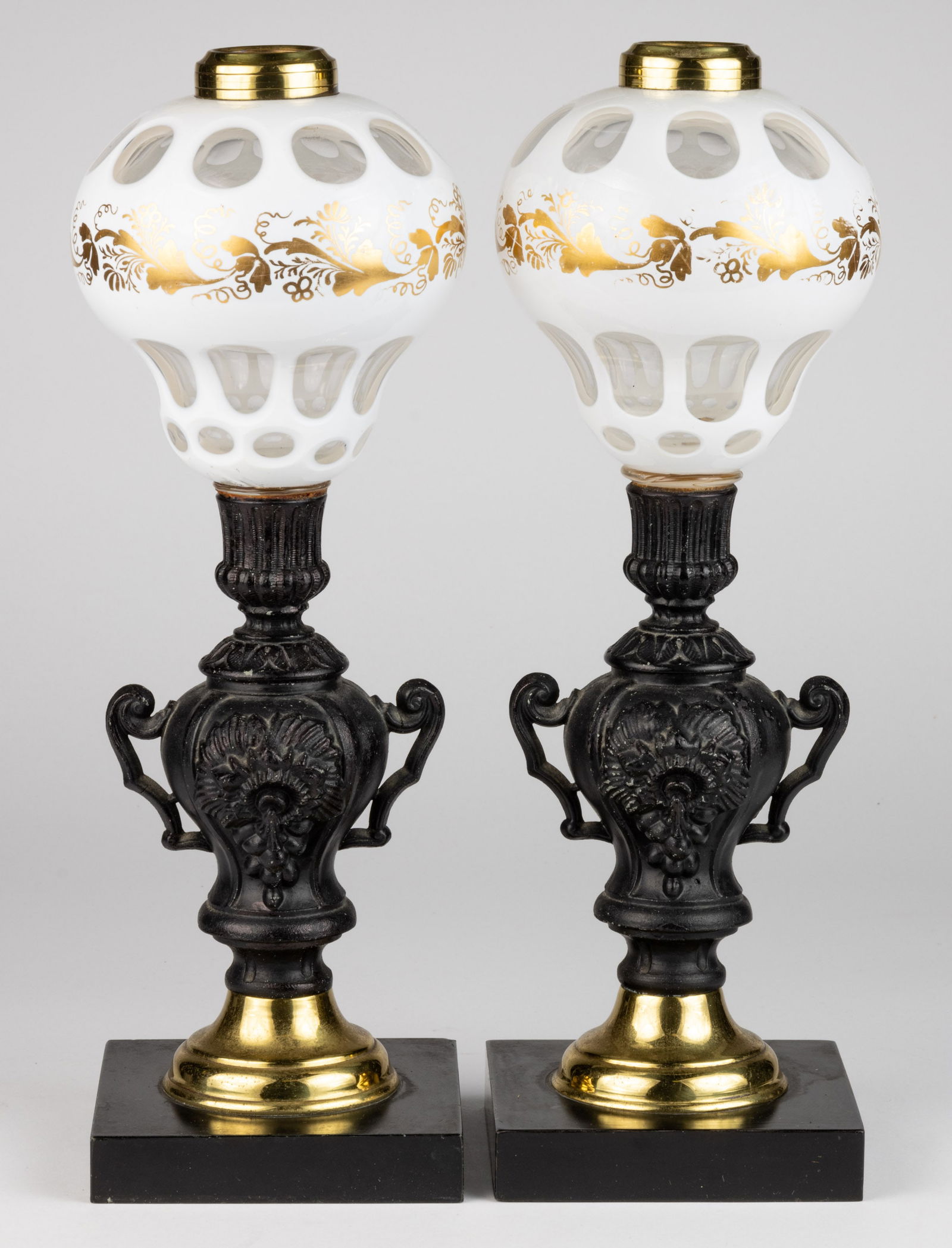 CUT-OVERLAY OVAL AND PUNTY GILT-DECORATED KEROSENE STAND LAMPS, PAIR (1 of 1)