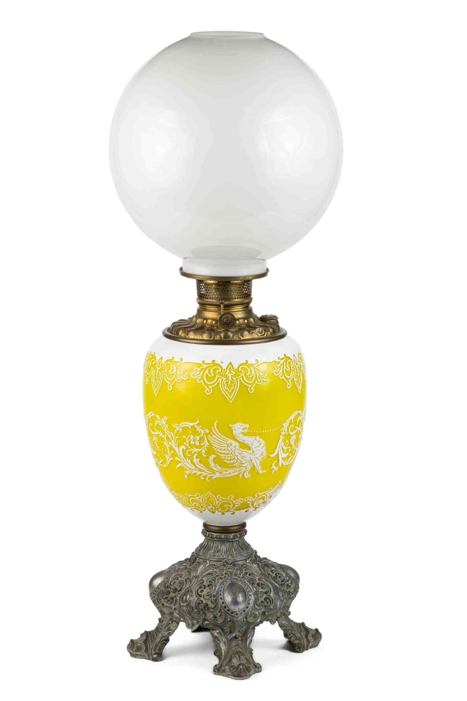 VICTORIAN GRIFFINS / DRAGONS ACID-ETCHED GLASS KEROSENE GONE WITH THE WIND / PARLOR LAMP (1 of 2)