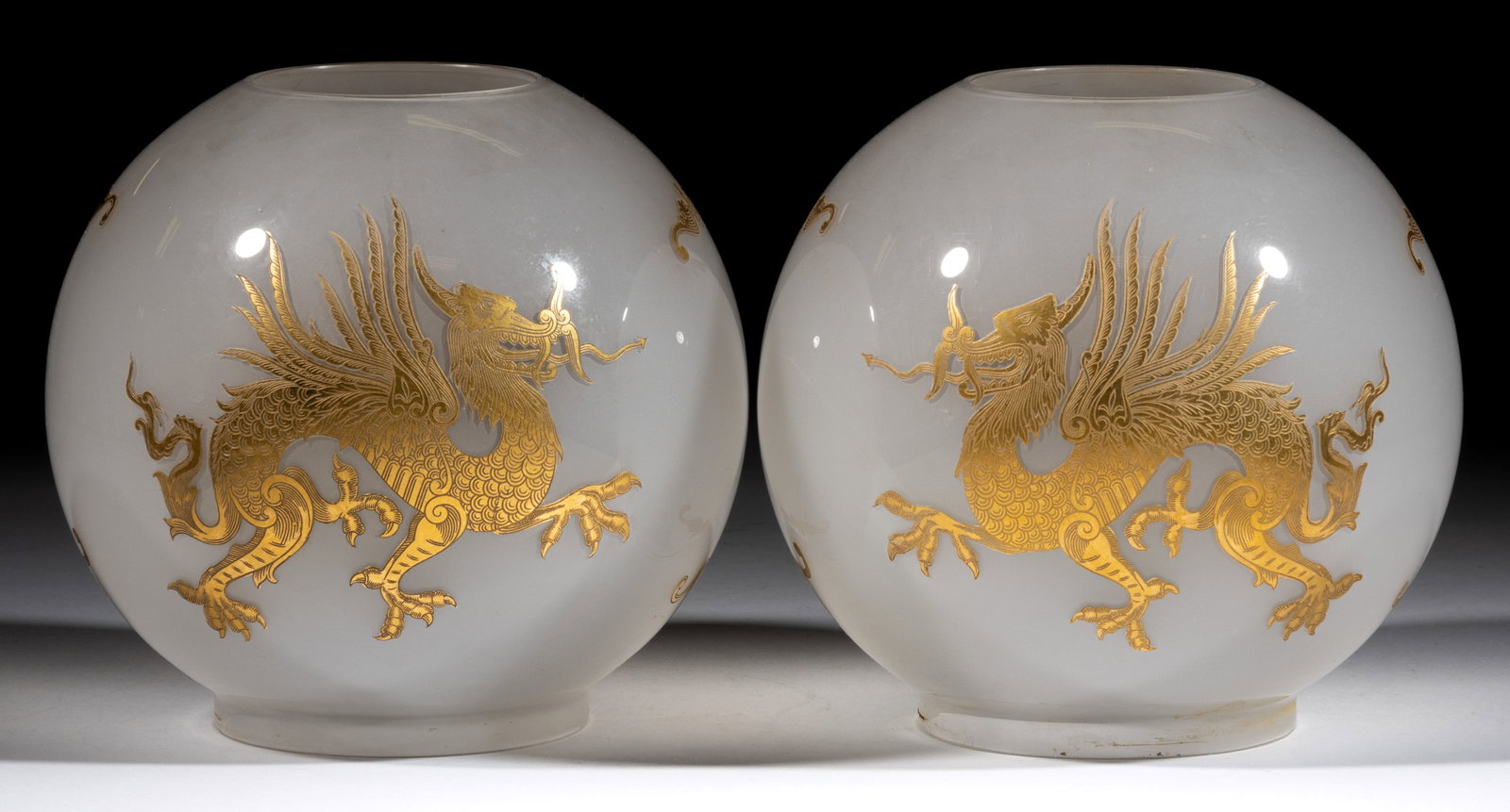 VICTORIAN DOUBLE-DRAGON GILT-STENCILED CASED GLASS BALL SHADES, PAIR (1 of 2)