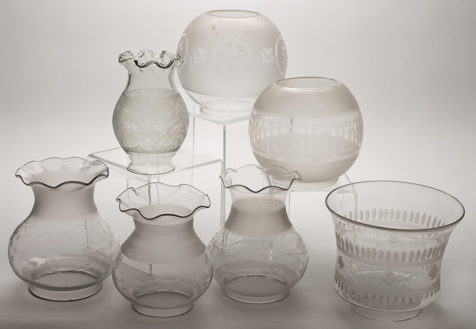 ASSORTED FREE-BLOWN AND ENGRAVED GLASS LAMP SHADES, LOT OF SEVEN (1 of 1)